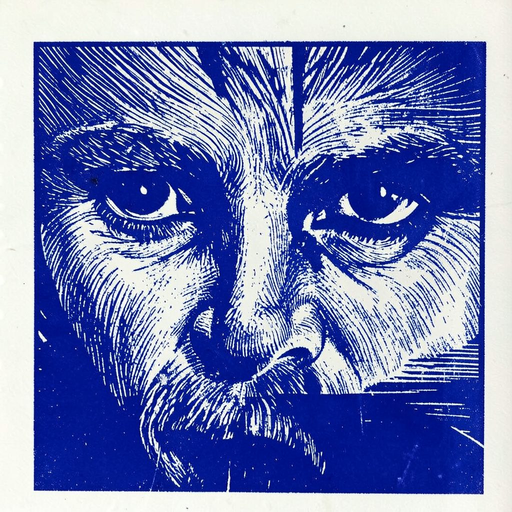 Linocut relief print in deep teal and navy blue showing a softly textured medical abstract with a calm, clinical mood